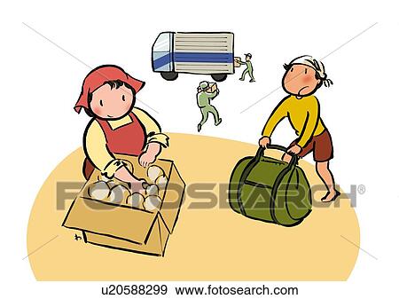 Stock Illustration - Mother and Child Packing and Preparing Box for Moving, Front View. Fotosearch