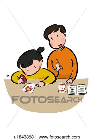 Mother and Her Daughter Making a New Year Greeting Card, Illustrative Technique View Large Illustration Clip Art - Mother and Her Daughter Making a New Year Greeting Card, Illustrative Technique. Fotosearch