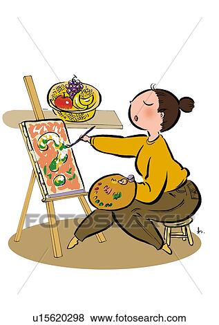 Stock Illustration - One Young Adult Woman Painting Fruits in Oil, Side View. Fotosearch