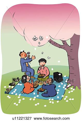Stock Illustration - People Enjoying to Viewing of the Cherry Blossoms, Illustrative Technique. Fotosearch