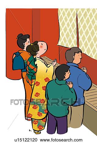 People Visiting a Temple at the Beginning of the New Year, Illustrative Technique View Large Illustration Clipart - People Visiting a Temple at the Beginning of the New Year, Illustrative Technique. Fotosearch
