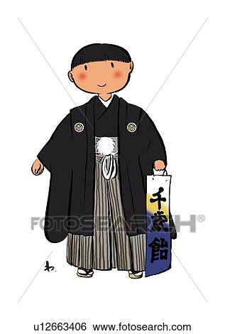 Stock Illustration - Portrait of A Boy Wearing a Kimono for Shichigosan, Illustrative Technique. Fotosearch