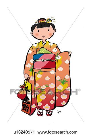 Clip Art - Portrait of A Girl Wearing a Kimono for Shichigosan, Illustrative Technique. Fotosearch