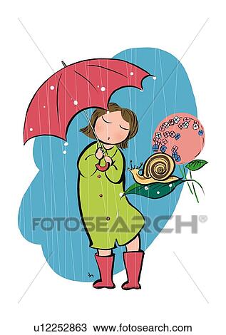 Pre-Adolescent Child Holding a Red Umbrella, Standing in Rain View Large Illustration Drawing - Pre-Adolescent Child Holding a Red Umbrella, Standing in Rain. Fotosearch