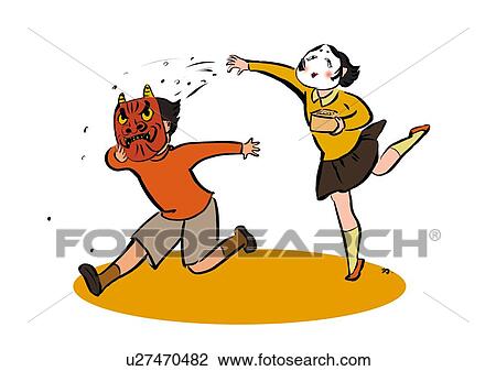 Pre-Adolescent Girl with Mask of the God of Wealth Running After Elementary Age Boy with Mask of Devil, Full Length View Large Illustration Drawing - Pre-Adolescent Girl with Mask of the God of Wealth Running After Elementary Age Boy with Mask of Devil, Full Length. Fotosearch