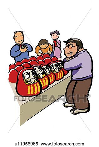 Stock Illustration - Senior Adult Man Standing and Appraising Dharma Doll With His Arms Folded in Front of Dharma Market. Fotosearch