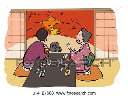 Stock Illustration - Senior Couple Enjoying Watching Colored Leaves from Japanese Style Room While Having Meal, Side View, Profile. Fotosearch