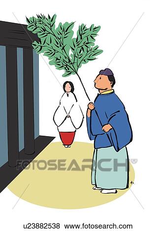 Shinto Priest Dusting Soot with Leaves, Side View, Profile View Large Illustration Stock Illustration - Shinto Priest Dusting Soot with Leaves, Side View, Profile. Fotosearch