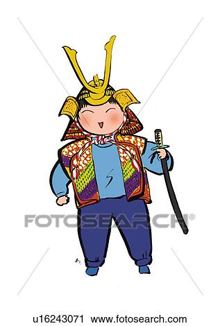 Smiling Elementary Age Boy Wearing Japanese Warrior's Helmet and
