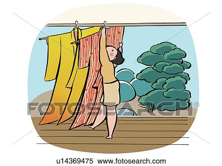 Stock Illustration - Smiling Mid Adult Woman Airing Kimono, Full Length, Profile. Fotosearch