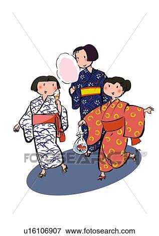 Stock Illustration - Three Girls at the Summer Festival, Illustrative Technique. Fotosearch