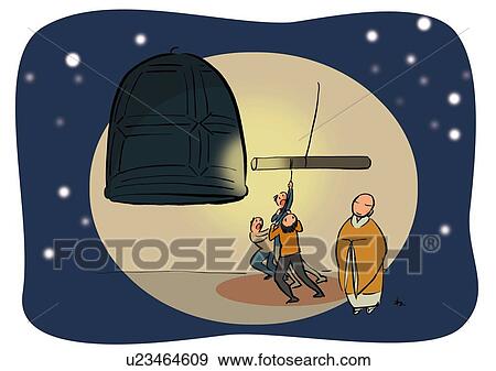 Three Men Ringing Bell in Snow on New Year's Eve, Buddhist Priest Standing Beside View Large Illustration Stock Illustration - Three Men Ringing Bell in Snow on New Year's Eve, Buddhist Priest Standing Beside. Fotosearch