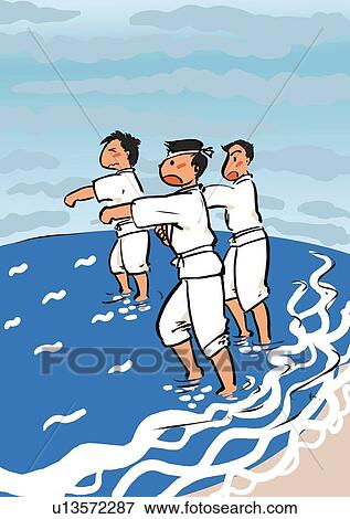 Three Young Adult Man Yelling and Training Their Spirits in the Winter Sea, Full Length, Profile View Large Illustration Stock Illustration - Three Young Adult Man Yelling and Training Their Spirits in the Winter Sea, Full Length, Profile. Fotosearch