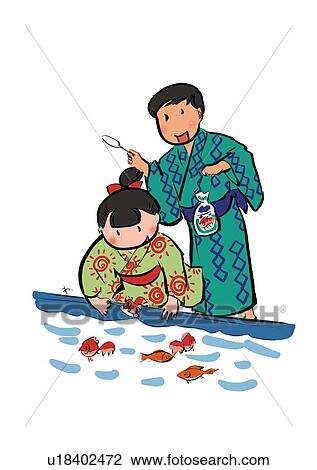 Drawing - Two Children Scooping Goldfish, Illustrative Technique. Fotosearch