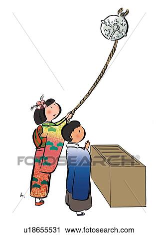 Clip Art - Two Children Visiting a Temple at the Beginning of the New Year, Illustrative Technique. Fotosearch