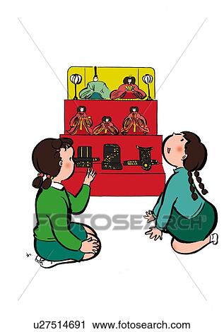 Clip Art - Two Girls Celebrating on the Girls Festival, Illustrative Technique. Fotosearch