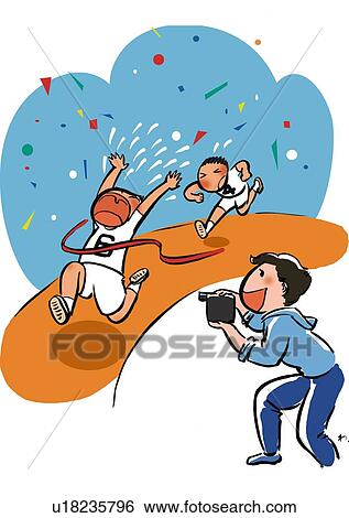 Stock Illustration - Two Pre-Adolescent Children Running a Race and Father Taking Video. Fotosearch