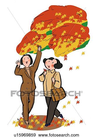 Stock Illustration - Two Smiling Mid Adult Woman Enjoying Maple-Tree Viewing, Full Length. Fotosearch