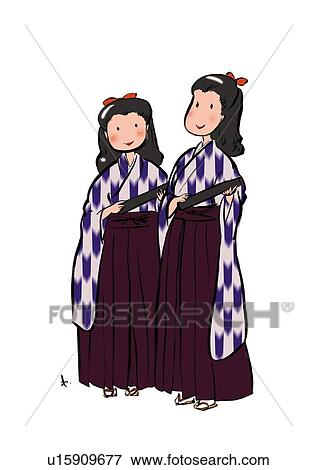 Stock Illustration - Two Teenage Girls Graduated a School, Illustrative Technique. Fotosearch