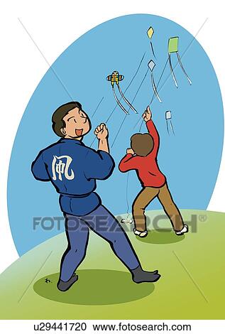 Clipart - Two Young Adult Men Playing with a Kite, Illustrative Technique. Fotosearch