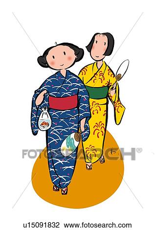Two Young Adult Woman Enjoying Summer Festival, Full Length View Large Illustration Drawing - Two Young Adult Woman Enjoying Summer Festival, Full Length. Fotosearch