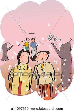 Two Young Adult Women Walking Under the Cherry Blossoms, Illustrative Technique View Large Illustration Clipart - Two Young Adult Women Walking Under the Cherry Blossoms, Illustrative Technique. Fotosearch