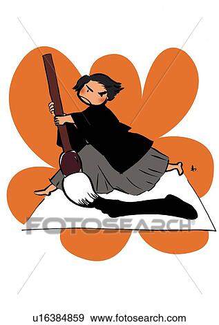Stock Illustration - Young Adult Man Holding a Large Writing Brush for First Writing of the Year. Fotosearch