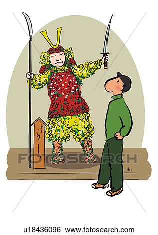 Stock Illustration - Young Adult Man Looking at Chrysanthemum Figure, Illustrative Technique. Fotosearch