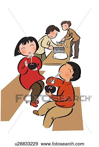 Stock Illustration - Young Adult Woman and Her Son Having Sweet Red-Bean Soup With Pieces of Rice Cake At Kagamibiraki. Fotosearch