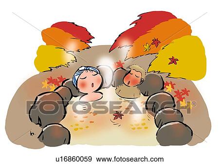 Stock Illustration - Young Adult Woman and Monkey in a Hot Spring, Illustrative Technique. Fotosearch