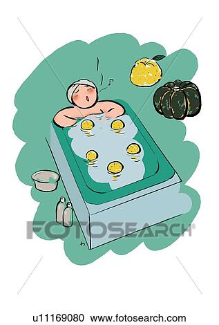 Clipart - Young Adult Woman Having a Yuzu Bath, Illustrative Technique. Fotosearch