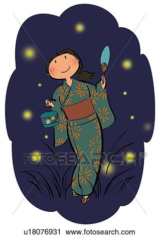 Clip Art - Young Adult Woman Holding Flat Paper Fan and Insect Cage, Catching Firefly at Night. Fotosearch
