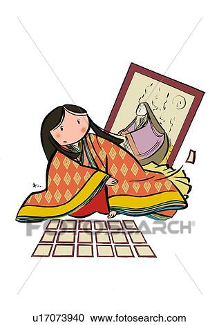 Clipart - Young Adult Woman in Junihitoe Sitting and Playing Hyakuninisshu Alone, Front View. Fotosearch