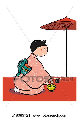 Young Adult Woman in Kimono Preparing Green Tea Outside, Side View, Profile View Large Illustration Clip Art - Young Adult Woman in Kimono Preparing Green Tea Outside, Side View, Profile. Fotosearch