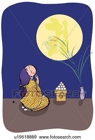 Young Adult Woman in Kimono, Moon-Viewing Alone Outside Offering Dango and Japanese Pampas Grass View Large Illustration Stock Illustration - Young Adult Woman in Kimono, Moon-Viewing Alone Outside Offering Dango and Japanese Pampas Grass. Fotosearch