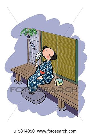 Young Adult Woman Wearing Yukata, Enjoying Cool Air, High Angle View View Large Illustration Clipart - Young Adult Woman Wearing Yukata, Enjoying Cool Air, High Angle View. Fotosearch
