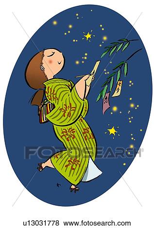 Stock Illustration - Young Adult Woman Writing Wish on the Strip of Paper, Illustrative Technique. Fotosearch