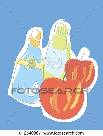 Stock Illustration - Apple and Bottle, Illustrative Technique. Fotosearch