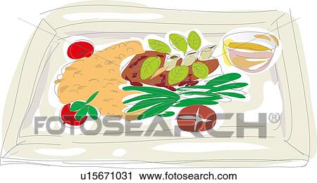 Clip Art - Bony Chops and Chicken and Rice, Illustrative Technique. Fotosearch