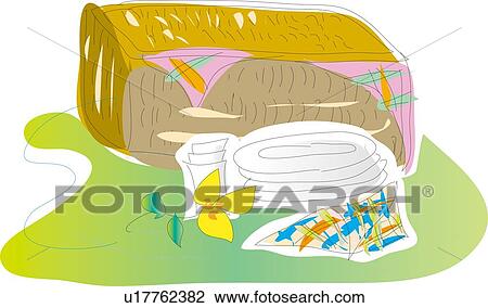 Drawing - Tableware and Basket, Illustrative Technique. Fotosearch