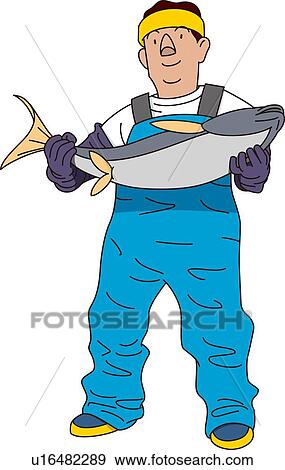漁師 だれか 持つ A 大きい魚 Illustrative 技術 イラスト