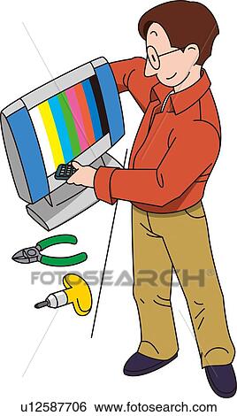 Stock Illustration - Man Who Repairs the Television, Illustrative Technique. Fotosearch