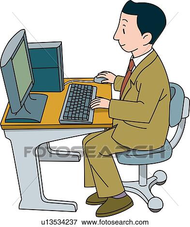 Stock Illustration - Man Who Works with a Personal Computer, High Angle View, Illustrative Technique. Fotosearch