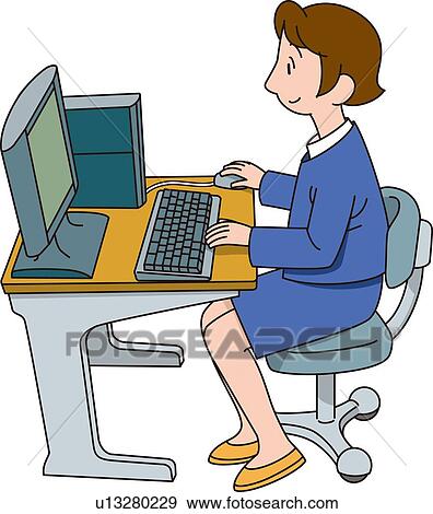 Stock Illustration - Woman Who Works with a Personal Computer, High Angle View, Illustrative Technique. Fotosearch