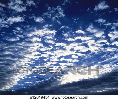 Picture - Blue sky and Clouds(Mackerel sky), Low angle view, Full frame. Fotosearch