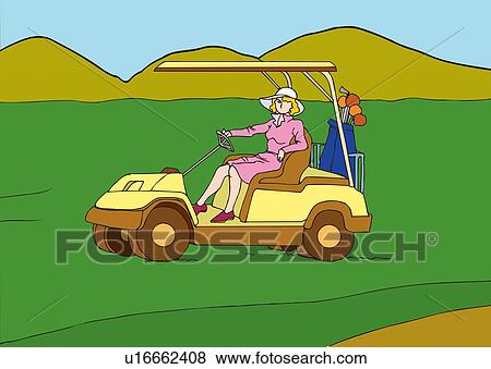 Painting of a female golf player driving a golf buggy on a golf course, Illustration View Large Illustration Stock Illustration - Painting of a female golf player driving a golf buggy on a golf course, Illustration. Fotosearch