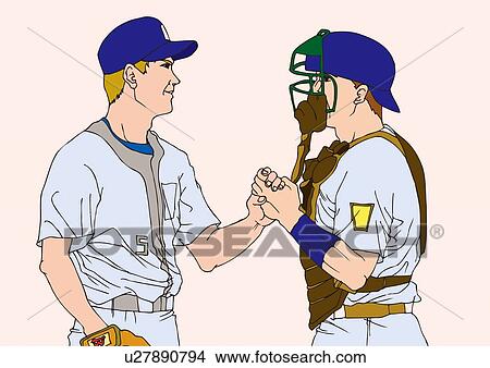 Stock Illustration - Painting of a fielder and a chtcher shaking hands, Illustration. Fotosearch