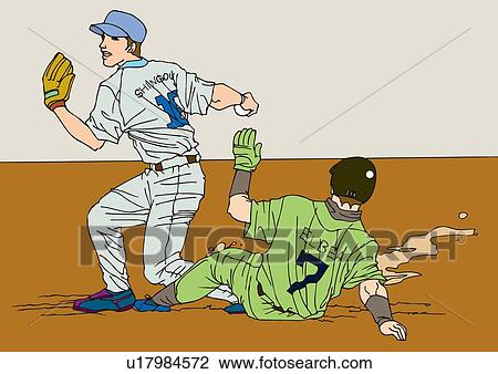 Drawing - Painting of a fielder and a runner, Illustration. Fotosearch