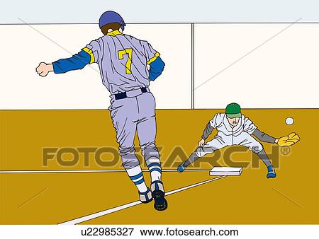 Stock Illustration - Painting of a fielder and a runner, Illustration. Fotosearch