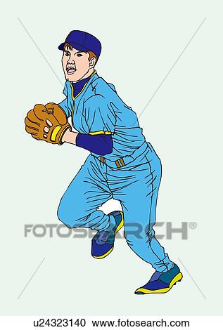 Clipart - Painting of a fielder fielding, Illustration. Fotosearch